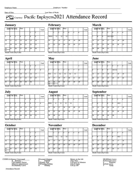 Free Printable 2021 Employee Attendance Calendar Pdf